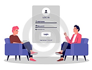 Account login and password form page on screen. Login page. sign up web forms with the detailed description. Pop up with buttons
