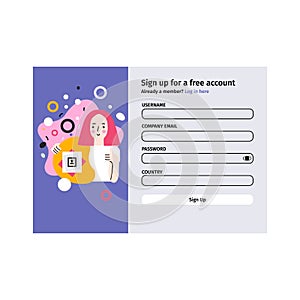 Account login and password form page on screen. Login page. sign up web forms with the detailed description. Pop up with buttons