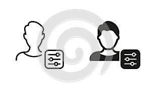 Account Settings Line and Silhouette Icon Set. Profile User Settings Black Pictogram. Control Panel with Man Profile