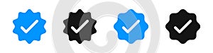 Account verification badge icons. Verified badge collection. Approval checkmark icons