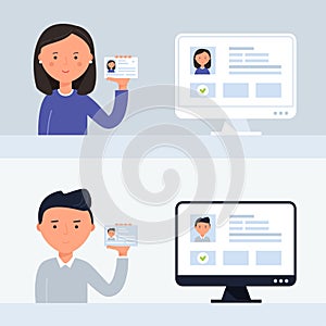 Account Verification Illustration. People Holding ID Cards. Vector Illustration