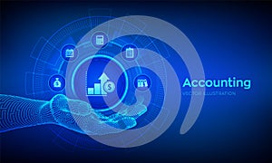 Accountancy service. Accounting symbol in robotic hand. Banking Calculation. Financial analysis, investments and business