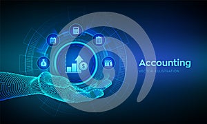 Accountancy service. Accounting symbol in robotic hand. Banking Calculation. Financial analysis, investments and business