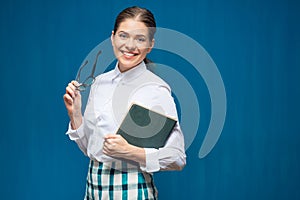 Accountant business woman wearing glasses portrait with book