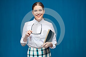 Accountant business woman wearing glasses portrait with book