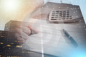 Accountant checking financial document  multiple exposure