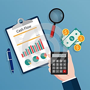 Accountant holding a calculator checks cash flow report concept illustration