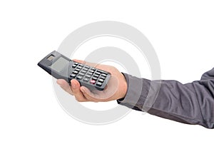 Accountant holding calculator in hand in front of white background