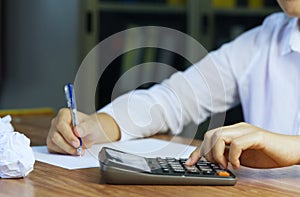 Accountant using calculator, counting, finance, taxes, fees, accounting, calculating, bills, money, planning, budget, loan, income