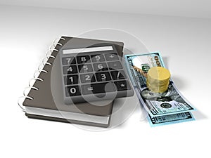 Accounting 3D render, calculator with money and notebook