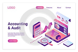 Accounting and audit isometric landing page template. Financial analytics report on 3d screen. Company growth rates