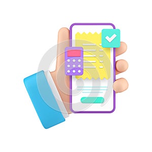 Accounting banking tax payment smartphone application in business man hand 3d icon realistic vector