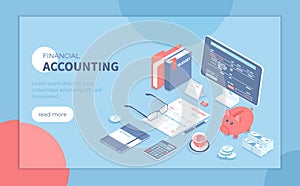 Accounting Bookkeeping Calculation. Bill, tax, receipt payment. Account form, documents, calculator, money. Isometric vector