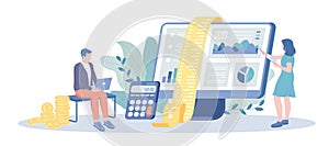 Accounting, Bookkeeping, Calculation of financial income and expenses. Audit debit and credit calculations. Vector illustration photo