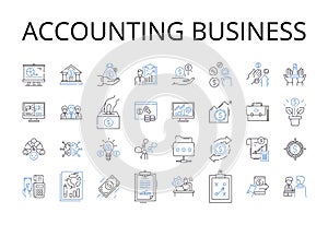 Accounting business line icons collection. Bookkeeping, Financial management, Auditing, Tax preparation, Financial