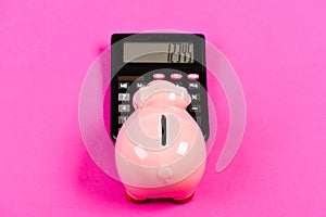 Accounting business. Piggy bank symbol money savings. Investments concept. Piggy bank pig and calculator. Taxes and