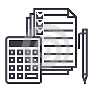 Accounting,calculator, pen, checkbox, docs vector line icon, sign, illustration on background, editable strokes