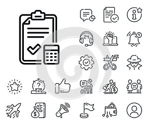 Accounting checklist line icon. Calculator sign. Salaryman, gender equality and alert bell. Vector