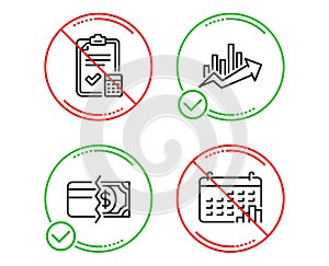 Accounting checklist, Payment methods and Growth chart icons set. Calendar graph sign. Vector