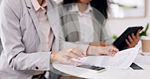 Accounting documents, calculator or hands of business people working on financial strategy or planning. Closeup meeting