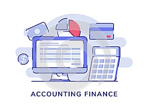 Accounting finance computer monitor nearby of calculator bankcard pie chart money dollar white isolated background with