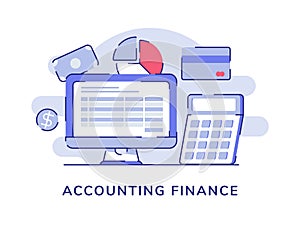 Accounting finance computer monitor nearby of calculator bankcard pie chart money dollar white isolated background with photo