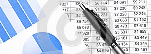 Accounting financial banking stock spreadsheet data with pen and calculator in blue