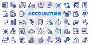 Accounting icons in line design, blue. Accounting, analytics, finance, business, money, financial, audit, tax, budget photo