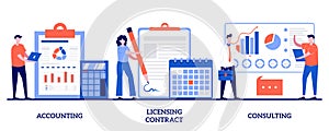 Accounting, licensing contract, consulting concept with tiny people. Financial audit and literacy abstract vector illustration set