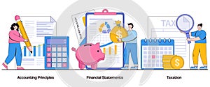 Accounting Principles, Financial Statements, Taxation Concept with Character. Financial Reporting Abstract Vector Illustration Set