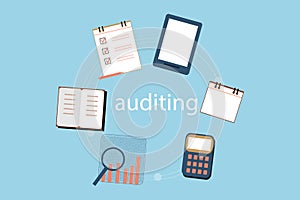 Accounting, taxes, audit, calculation, data analysis and reporting concepts. illustration flat design.
