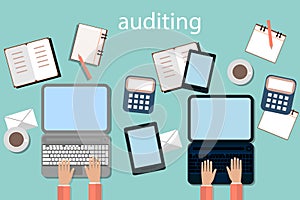 Accounting, taxes, audit, calculation and data analysis, reporting concepts. illustration flat design.