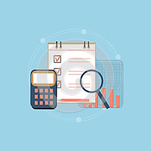 Accounting, taxes, audit, calculation, data analysis, reporting concepts. illustration flat design.