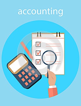 Accounting, taxes, audit, calculation, data analysis, reporting concepts. illustration flat design.