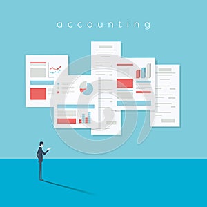Accounting website vector illustration with documents, reports, analysis and audit symbols.