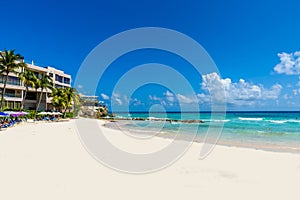 Accra Beach - tropical beach on the Caribbean island of Barbados. It is a paradise destination with a white sand beach and