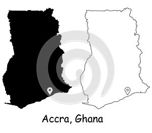 Accra Ghana. Detailed Country Map with Location Pin on Capital City.