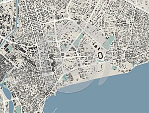 Accra, Ghana, map. Detailed map of Accra city administrative area. Cityscape urban panorama. Outline map with buildings, water,