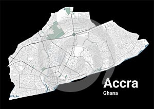 Accra map, capital city of Ghana. Municipal administrative area map with rivers and roads, parks and railways