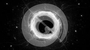 Black and white accretion disk with black hole inside photo