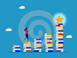 Accumulate knowledge and success. woman walking on stairs stack of books with stars