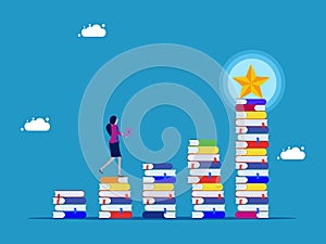 Accumulate knowledge and work experience. Businesswoman with laptop walking on stairs stack of books with stars
