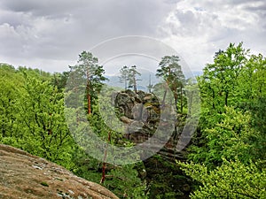 Accumulation of gigantic rocks in landscape park Dovbush rocks, Ukraine