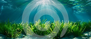 Accumulation of Posidonia oceanica fibers on the ocean floor. Concept Marine Seagrass, Posidonia photo