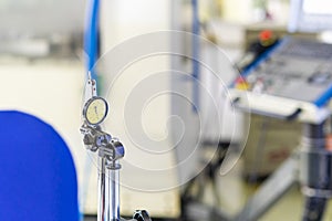 Accuracy and precision indicator dial gauge setting on stand equipment for measuring dimension and other for industrial