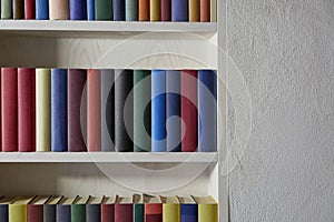 Accurate bookshelf with colorful book covers in a white wall