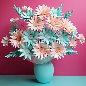 Accurate And Detailed 3d Paper Flower Arrangement In Teal And Pink