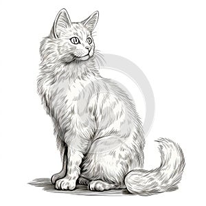 Accurate And Detailed Fluffy White Cat Drawing With Elegant Inking Techniques