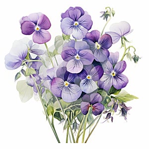 Accurate And Detailed Watercolor Flowers Of Purple Pansies Bouquet