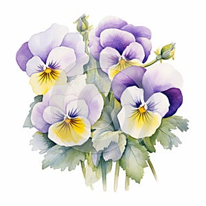 Accurate And Detailed Watercolor Pansy Bouquet On White Background